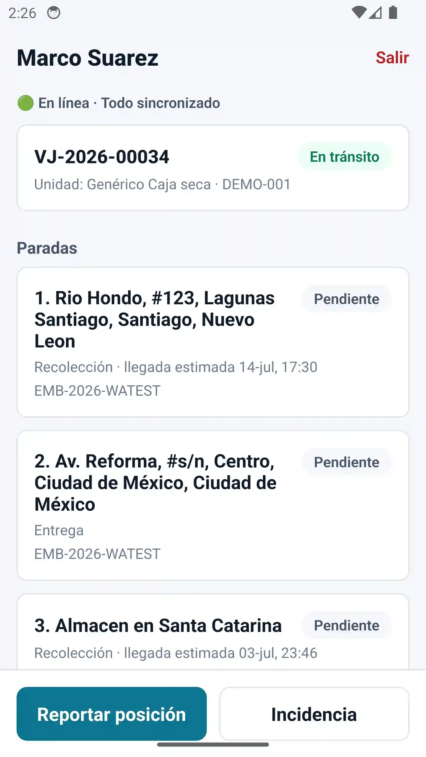 App Hodos Driver: el viaje del operador con sus paradas, y los botones para reportar posición e incidencias