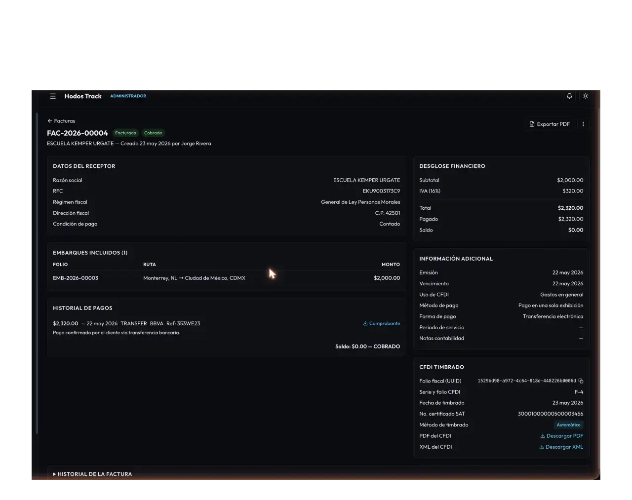 Ficha de factura CFDI timbrada en Hodos Track