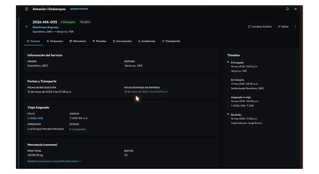 Ficha de detalle de un embarque en Hodos Track